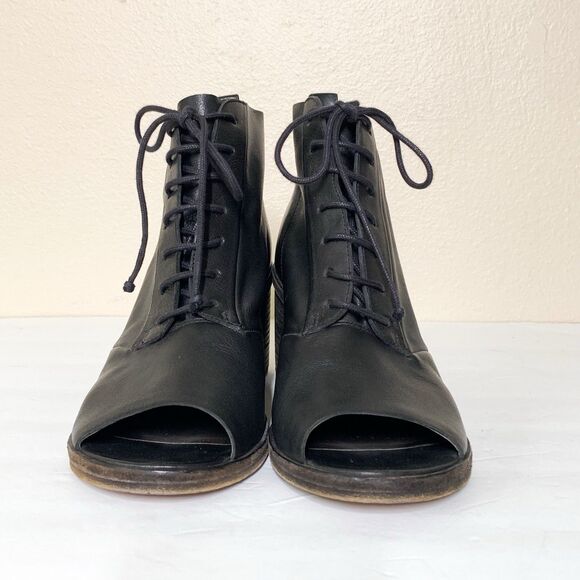 Marsell Peep Toe Booties Lace Up 38.5 US 8.5 Black Leather Block Heel - Picture 2 of 8